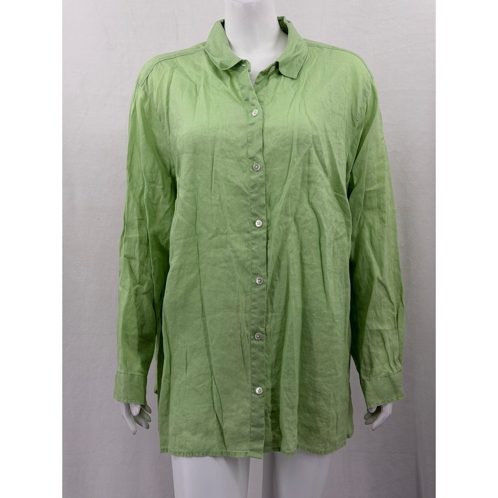 J Jill Top Womens 2X Green Love Linen Button Up Long Sleeve Lagenlook‎ Beachy